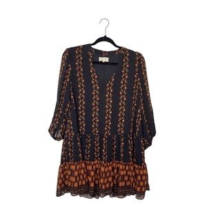 Melloday Large V Neck Floral 3/4 Sleeve Ruffle Hem Babydoll Mini Dress Boho